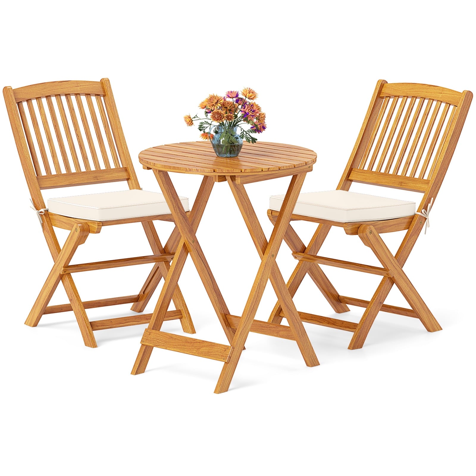 Biotree 3-Piece Acacia Wood Folding Bistro Set with Cushions-Beige