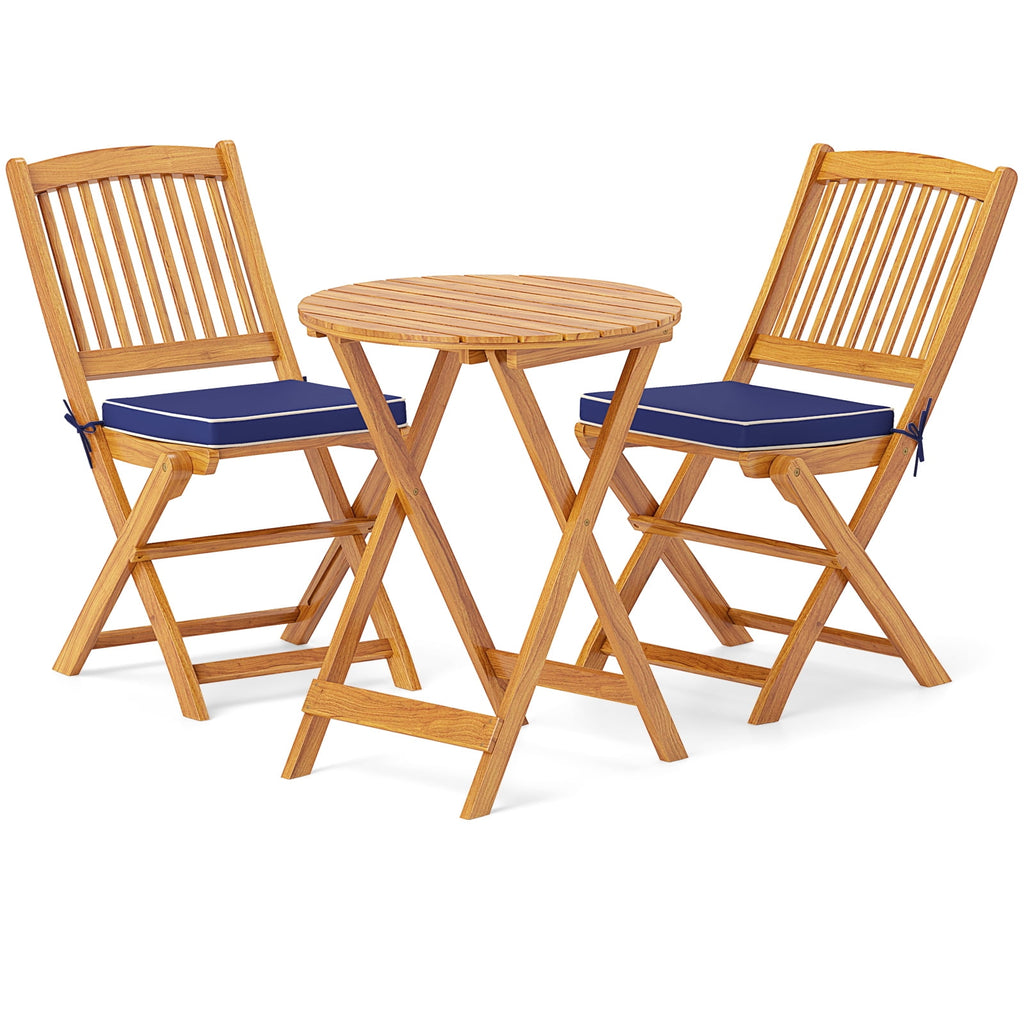Biotree 3-Piece Acacia Wood Folding Bistro Set with Cushions-Navy