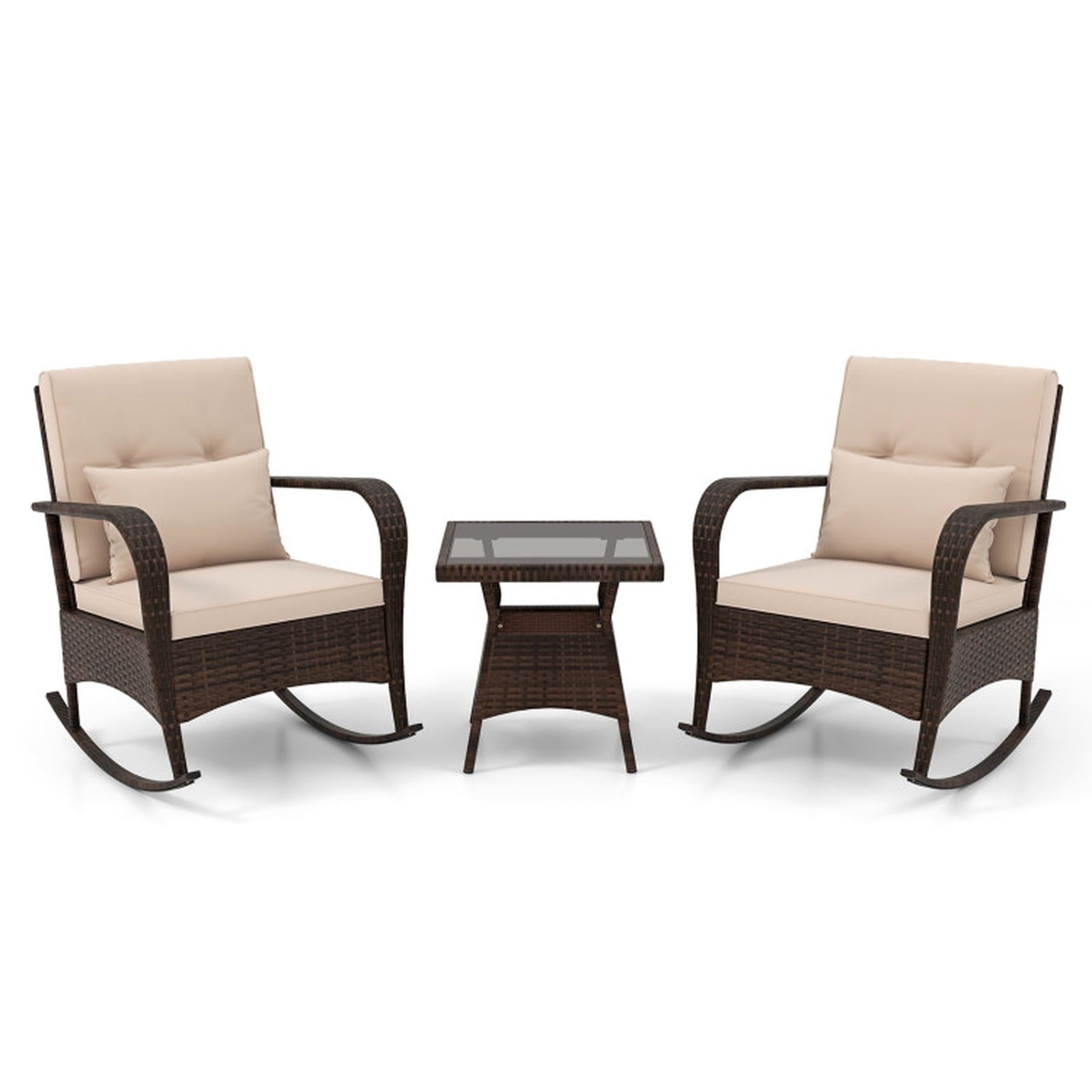 Biotree 3 Piece Outdoor Rocking Set with Tempered Glass Coffee Table for Backyard Poolside Outdoor Conversation Set for Garden Backyard PorchBrown