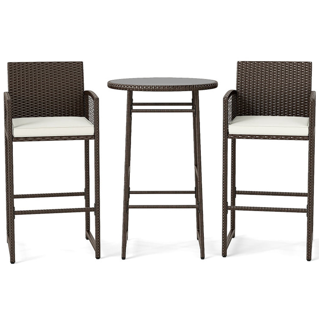 Biotree 3-Piece Patio Bar Set with Round Glass Table and Rattan Armchairs, White - Outdoor Patio Bar Height Furniture Set for Deck Garden