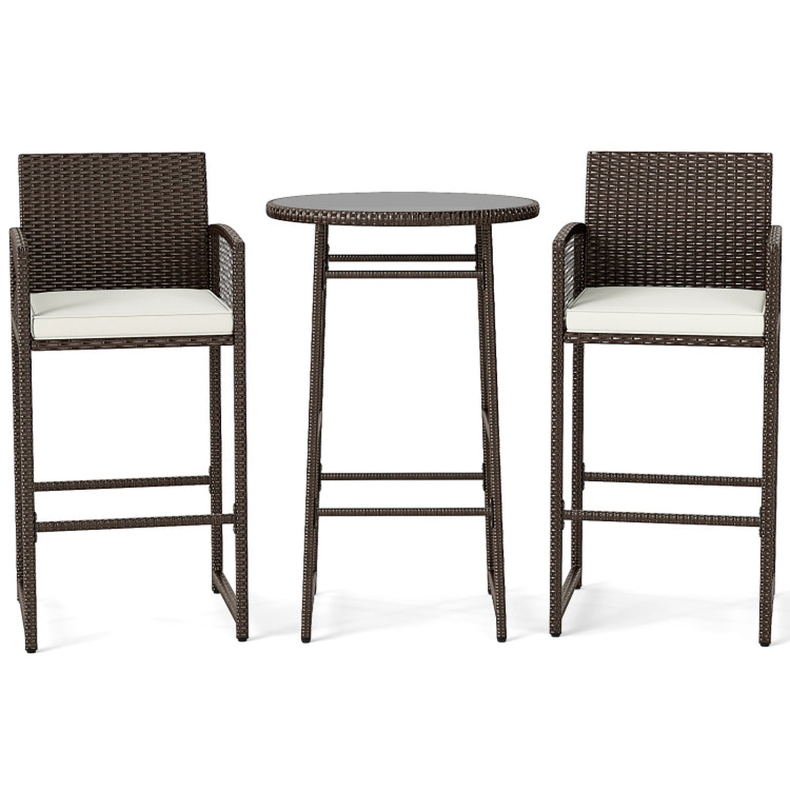 Biotree 3-Piece Patio Bar Set with Round Glass Table and Rattan Armchairs, White - Outdoor Patio Bar Height Furniture Set for Deck Garden