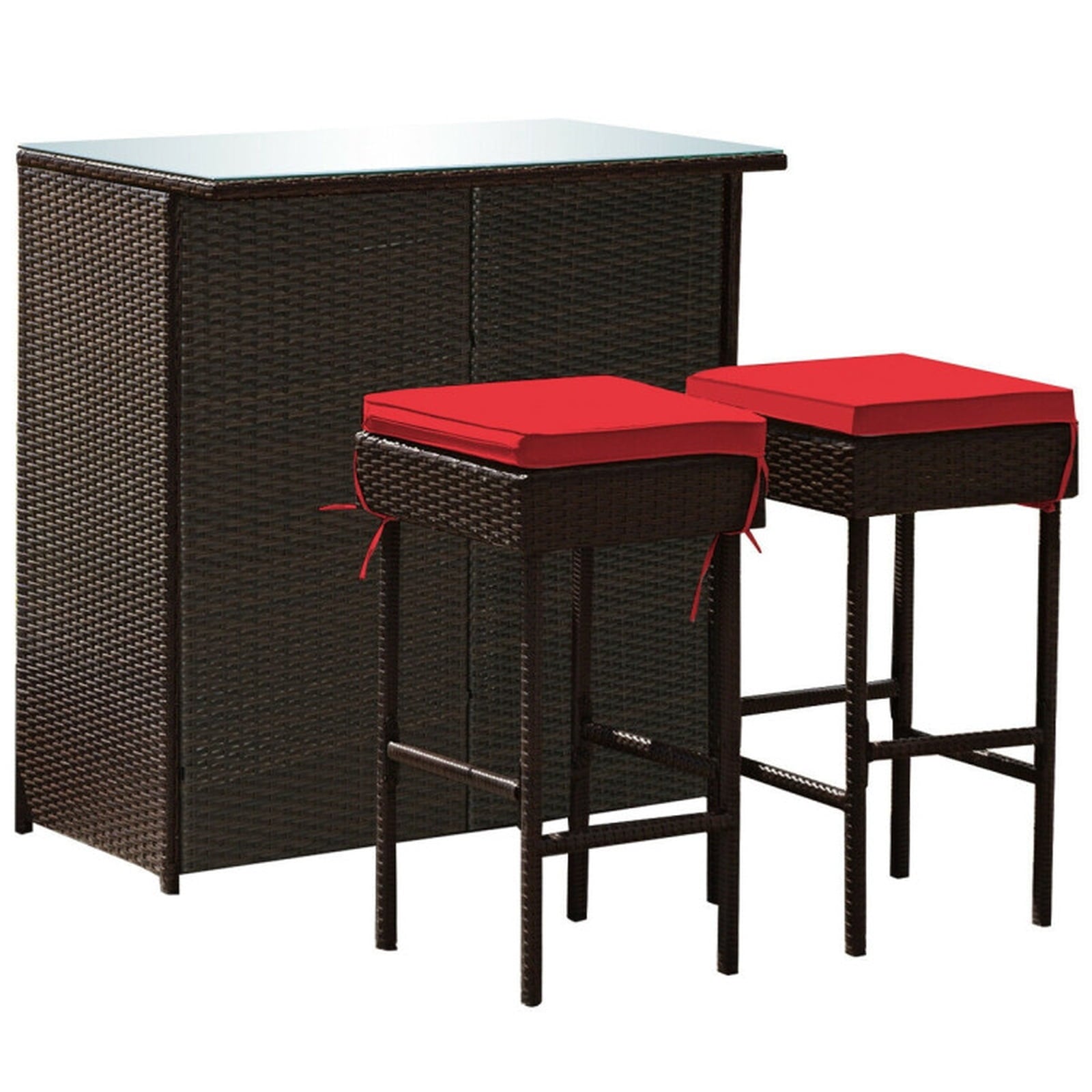 Biotree 3-Piece Patio Rattan Bar Set with Glass Table and Cushioned Stools, Red - Outdoor Patio Bar Height Furniture Set for Deck Garden