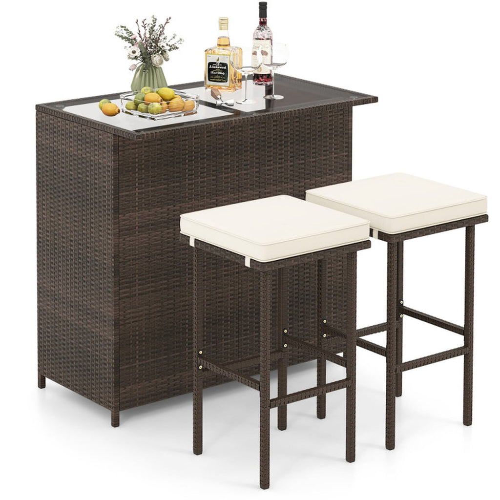 Biotree 3-Piece Patio Rattan Bar Set with Glass Table and Cushioned Stools, White - Outdoor Patio Bar Height Furniture Set for Deck Garden