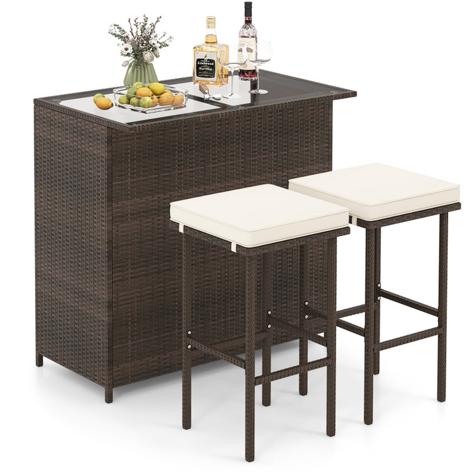 Biotree 3-Piece Patio Rattan Bar Set with Glass Table and Cushioned Stools, White - Outdoor Patio Bar Height Furniture Set for Deck Garden