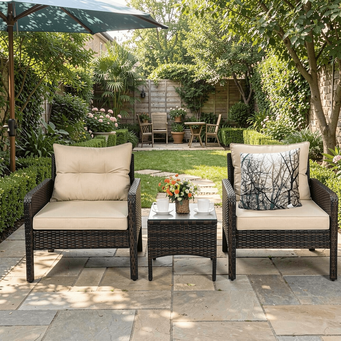 Biotree 3-Piece Patio Rattan Conversation Set-Beige