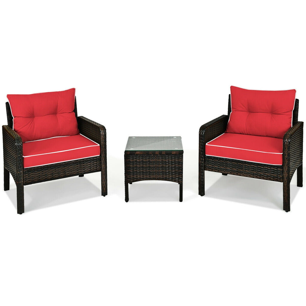 Biotree 3-Piece Patio Rattan Conversation Set with Cushions-Red