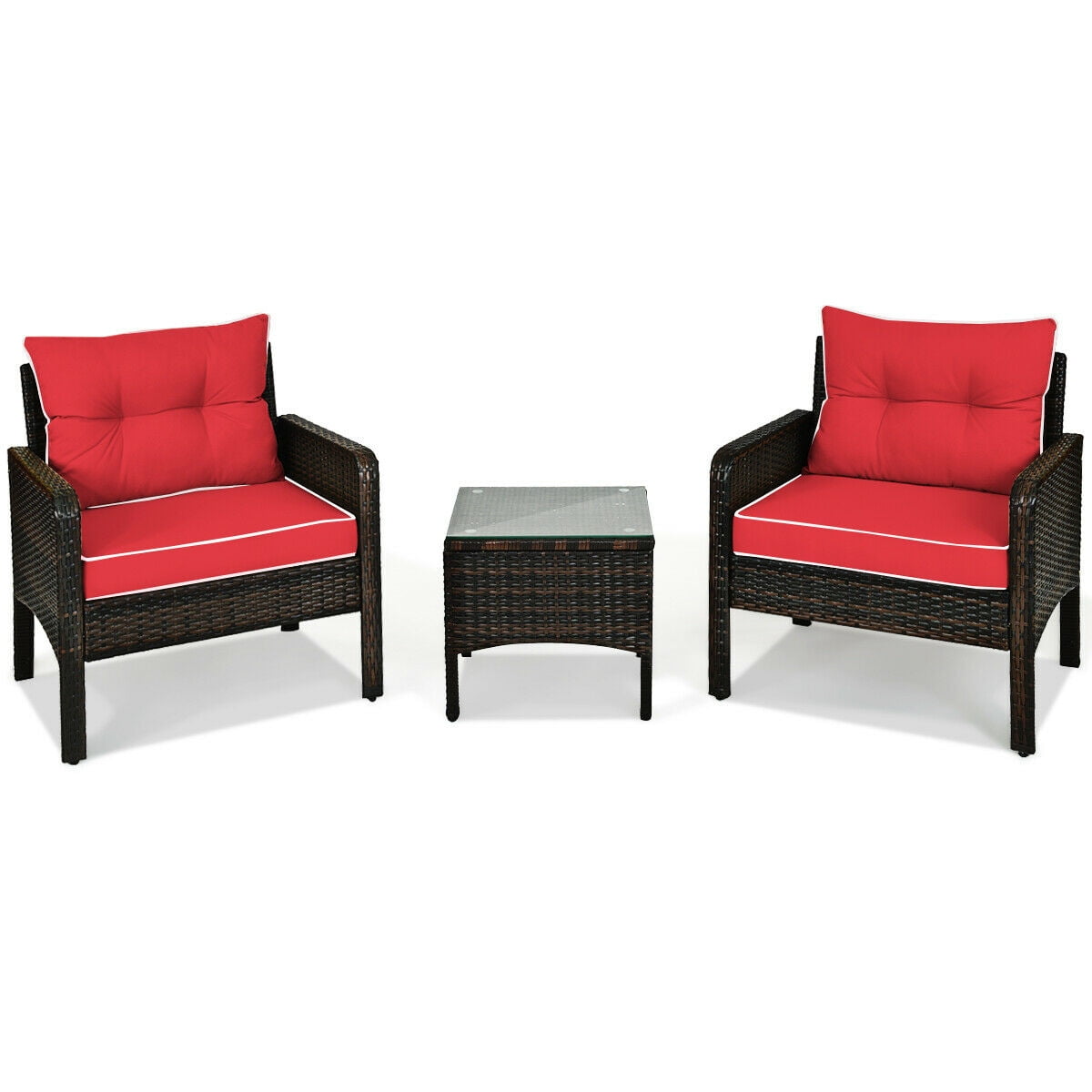 Biotree 3-Piece Patio Rattan Conversation Set with Cushions-Red