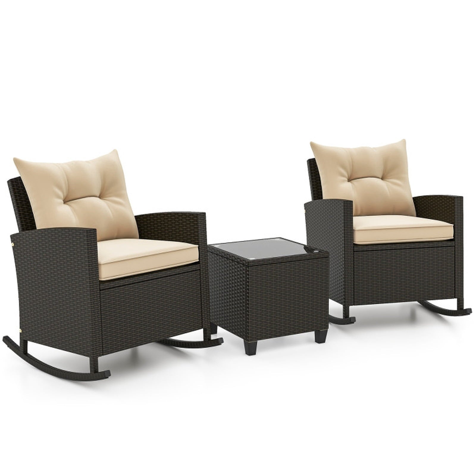 Biotree 3-Piece Patio Rattan Roker Chairs with Tempered Glass Table and Soft Cushions Outdoor Conversation Set for Garden Backyard PorchBeige