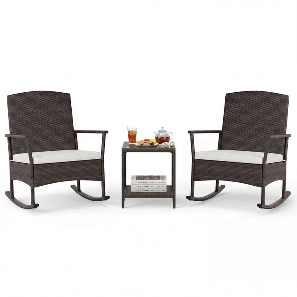 Biotree 3 Piece Patio Rocking Set Wicker Rocking Chairs with 2-Tier Coffee Table Outdoor Conversation Set for Garden Backyard PorchOff White