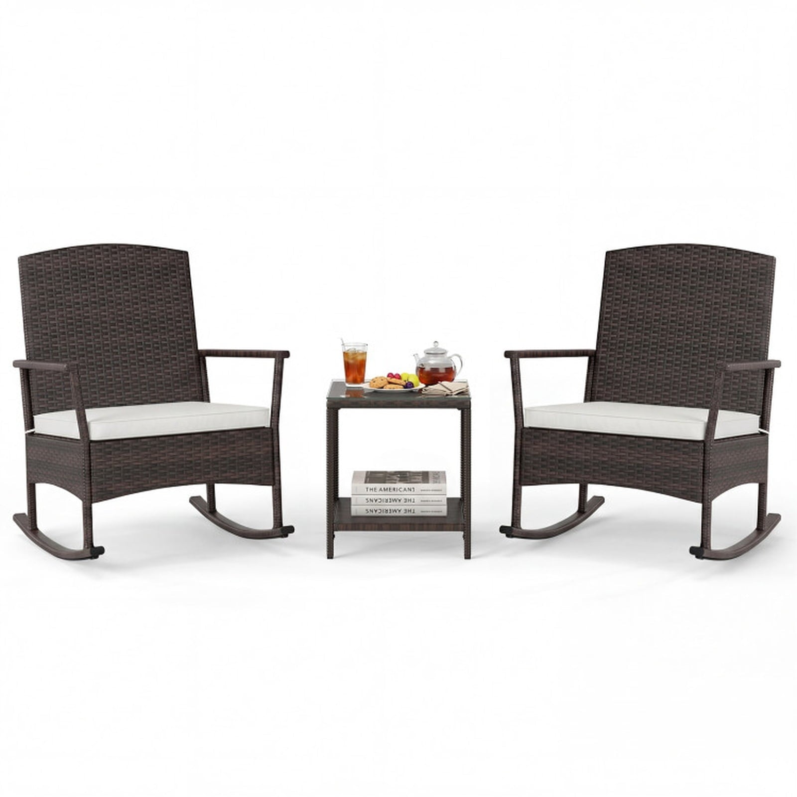 Biotree 3 Piece Patio Rocking Set Wicker Rocking Chairs with 2-Tier Coffee Table Outdoor Conversation Set for Garden Backyard PorchOff White