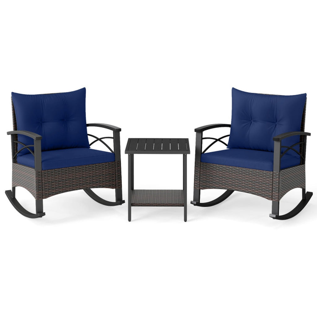 Biotree 3 Piece Rocking Bistro Set PE Rattan Rocker Chairs with Acacia Wood Top Table Outdoor Conversation Set for Garden Backyard PorchNavy