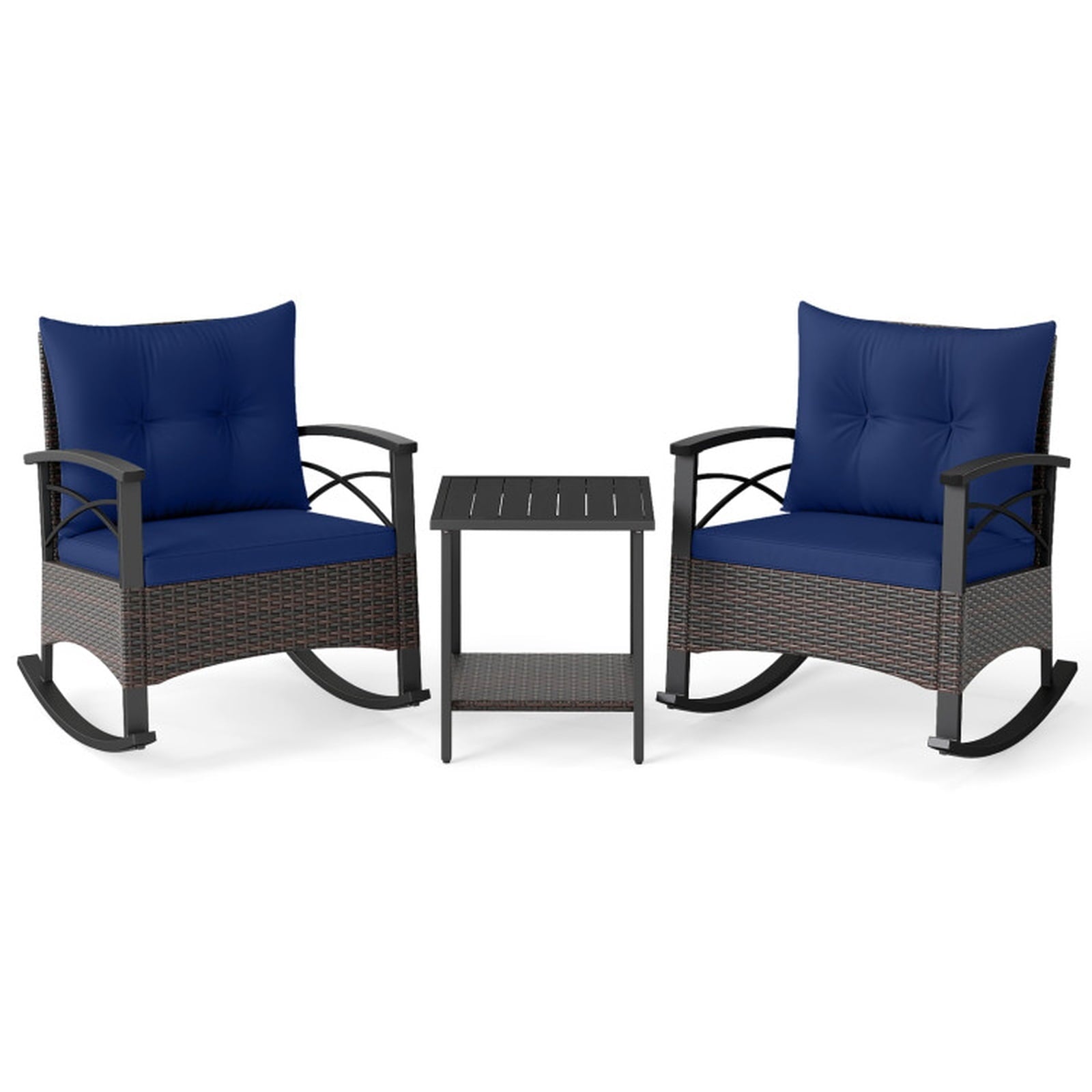Biotree 3 Piece Rocking Bistro Set PE Rattan Rocker Chairs with Acacia Wood Top Table Outdoor Conversation Set for Garden Backyard PorchNavy