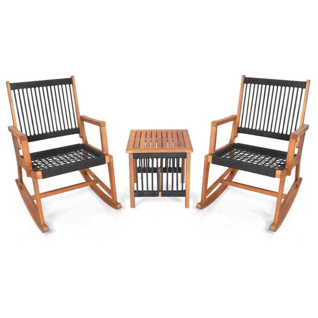 Biotree 3 Pieces Acacia Wood Rocking Bistro Set Outdoor Conversation Set for Garden Backyard PorchBlack and Natural