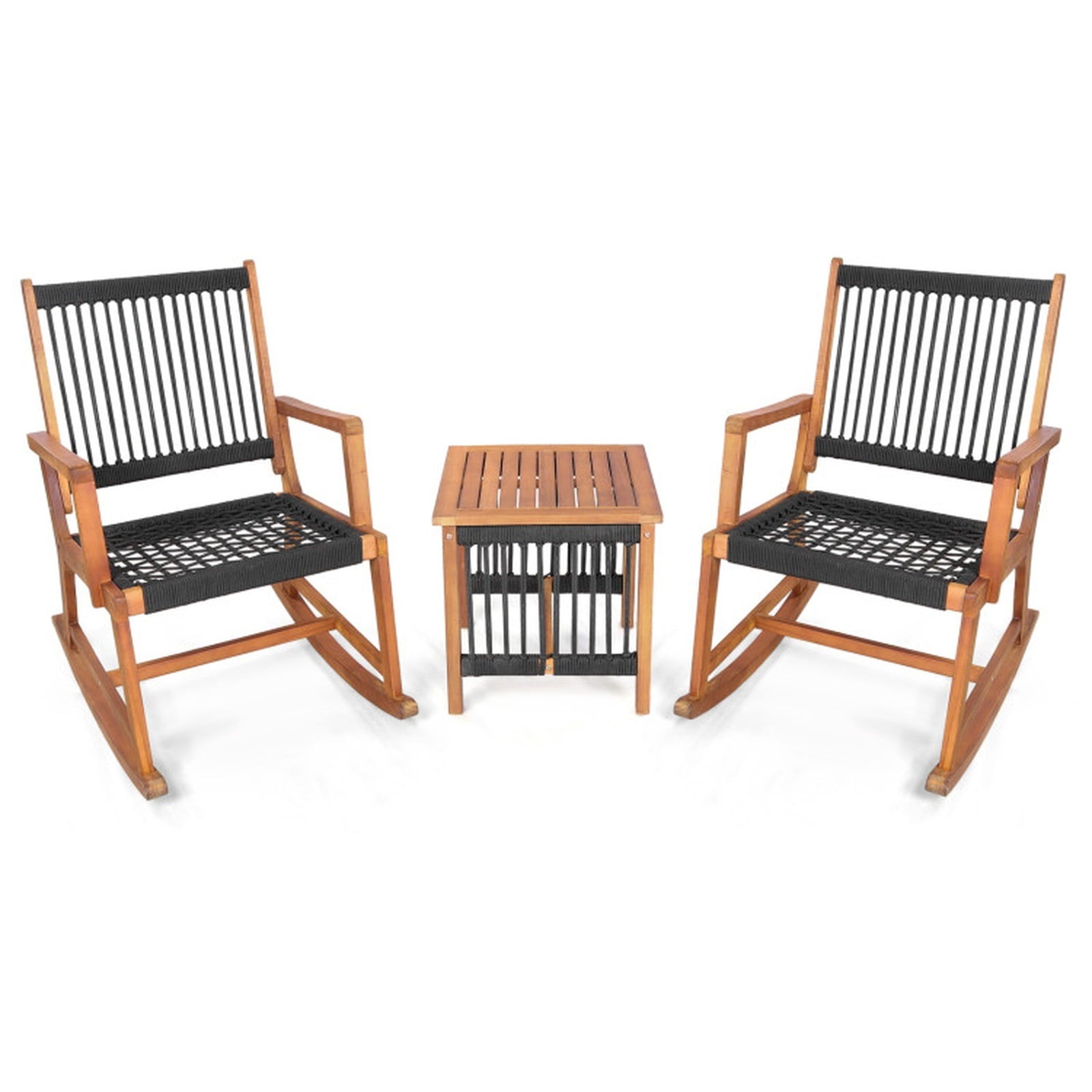 Biotree 3 Pieces Acacia Wood Rocking Bistro Set Outdoor Conversation Set for Garden Backyard PorchBlack and Natural