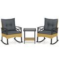 Biotree 3 Pieces Outdoor Rattan Rocking Chairs Set with 2-Tier Side Table for Garden Backyard Outdoor Conversation Set for Garden Backyard PorchGray