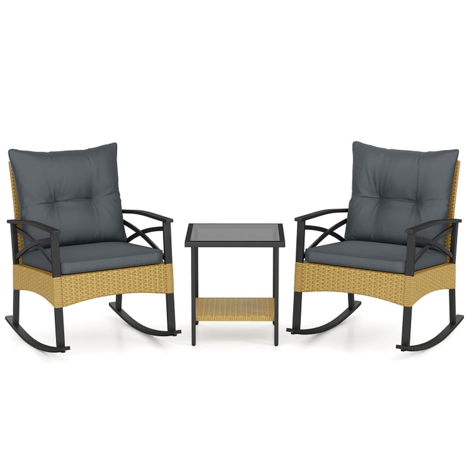 Biotree 3 Pieces Outdoor Rattan Rocking Chairs Set with 2-Tier Side Table for Garden Backyard Outdoor Conversation Set for Garden Backyard PorchGray