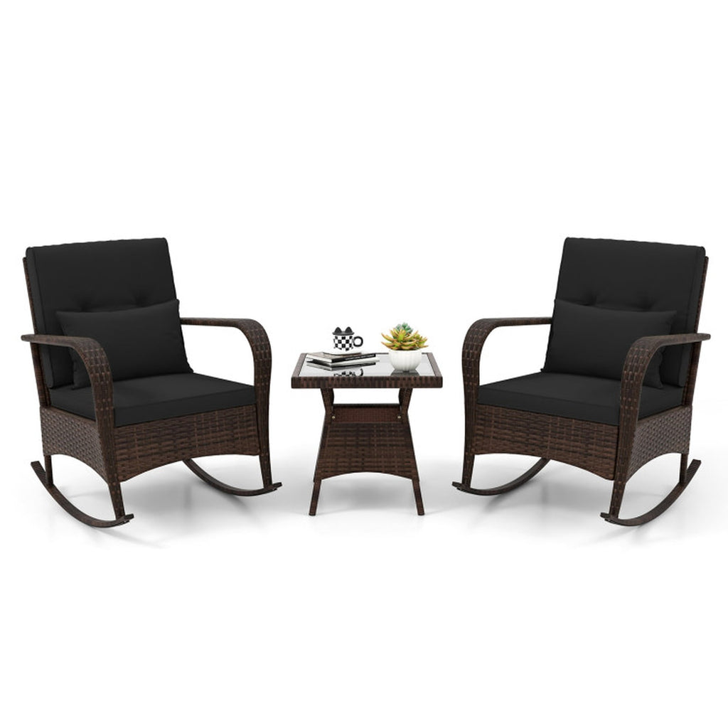 Biotree 3 Pieces Outdoor Rocking Set with Tempered Glass Coffee Table for Backyard Poolside Outdoor Conversation Set for Garden Backyard PorchBlack