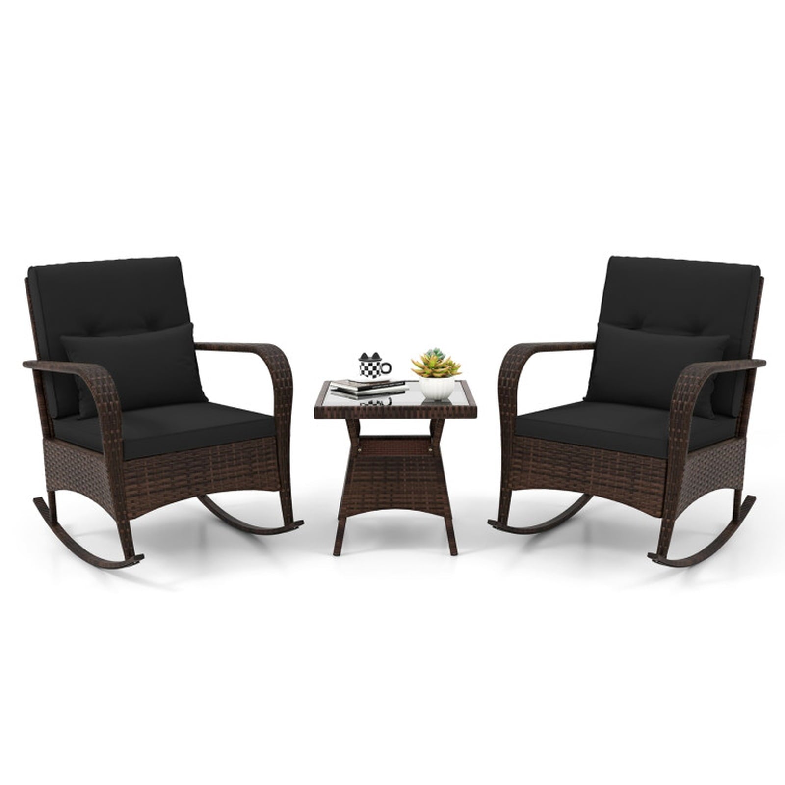 Biotree 3 Pieces Outdoor Rocking Set with Tempered Glass Coffee Table for Backyard Poolside Outdoor Conversation Set for Garden Backyard PorchBlack