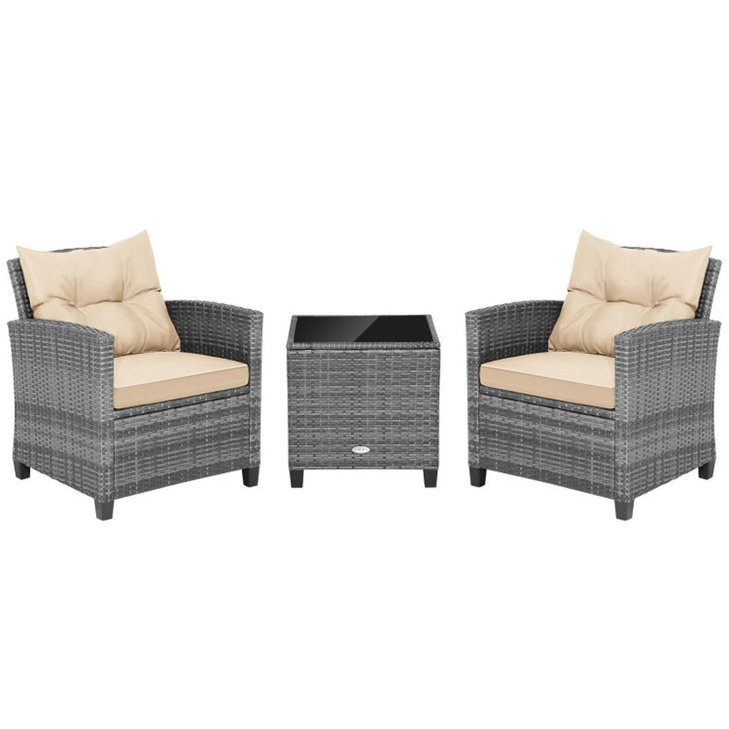 Biotree 3 Pieces Outdoor Wicker Conversation Set with Tempered Glass Tabletop Outdoor Conversation Set for Garden Backyard PorchBeige