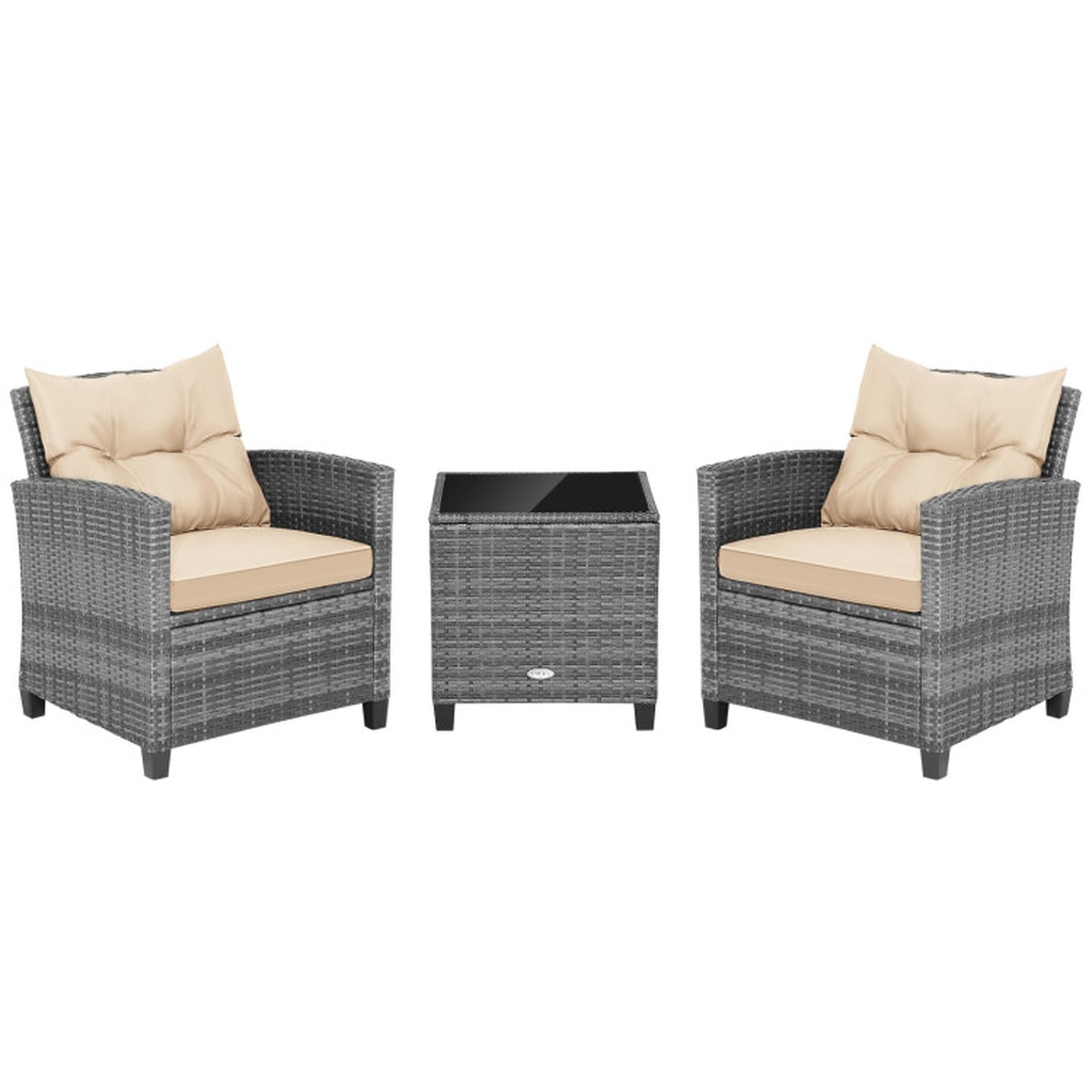 Biotree 3 Pieces Outdoor Wicker Conversation Set with Tempered Glass Tabletop Outdoor Conversation Set for Garden Backyard PorchBeige