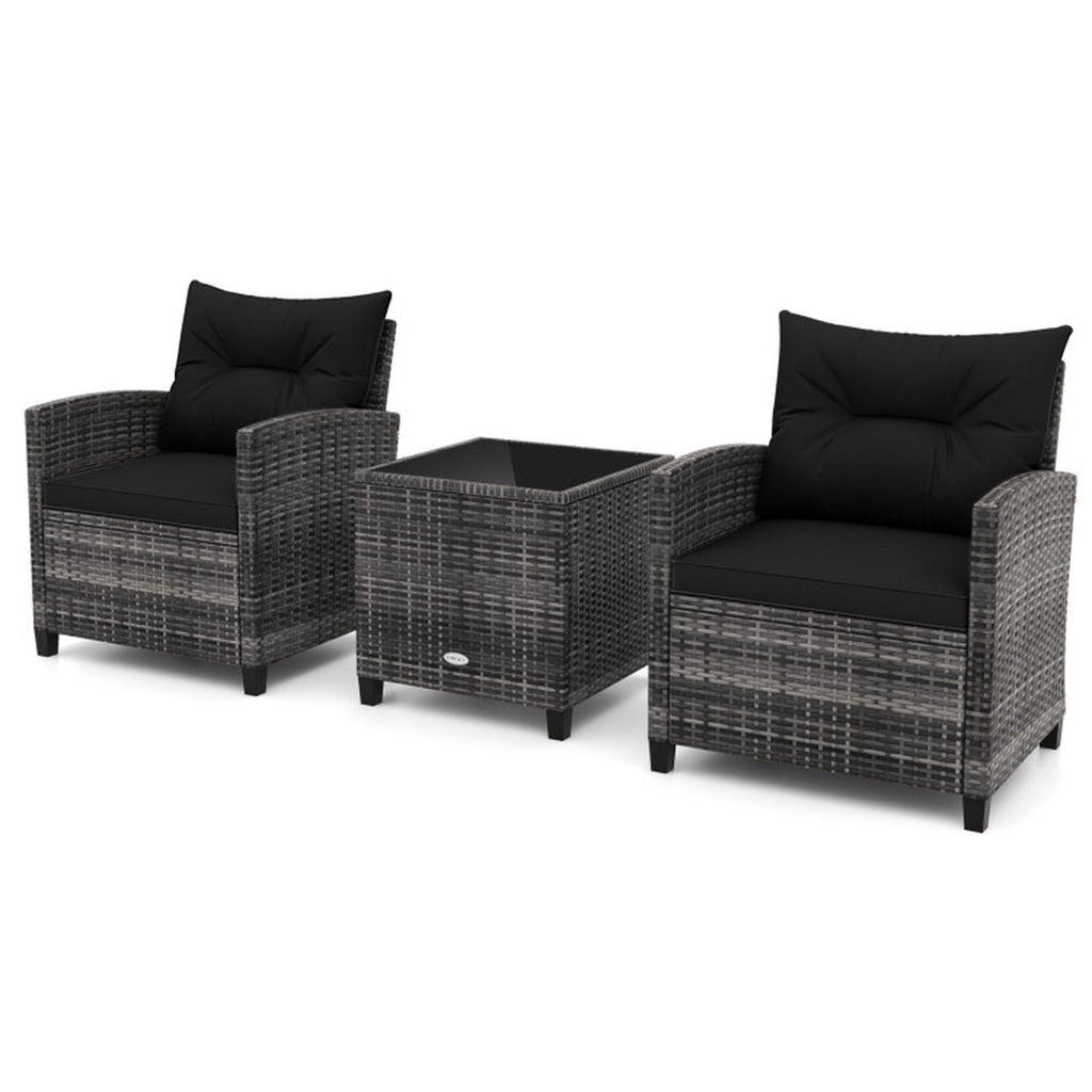 Biotree 3 Pieces Outdoor Wicker Conversation Set with Tempered Glass Tabletop Outdoor Conversation Set for Garden Backyard PorchBlack