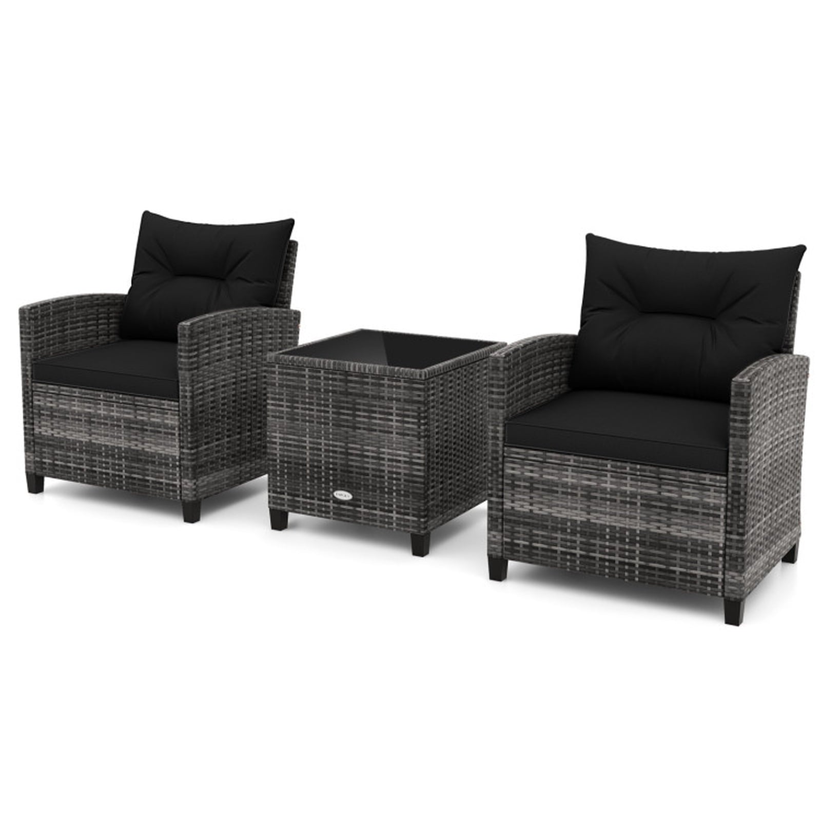 Biotree 3 Pieces Outdoor Wicker Conversation Set with Tempered Glass Tabletop Outdoor Conversation Set for Garden Backyard PorchBlack