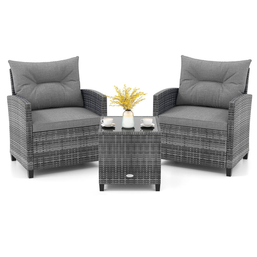 Biotree 3 Pieces Outdoor Wicker Conversation Set with Tempered Glass Tabletop Outdoor Conversation Set for Garden Backyard PorchGray