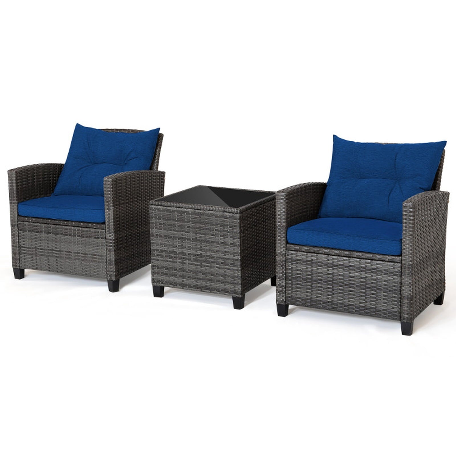 Biotree 3 Pieces Outdoor Wicker Conversation Set with Tempered Glass Tabletop Outdoor Conversation Set for Garden Backyard PorchNavy