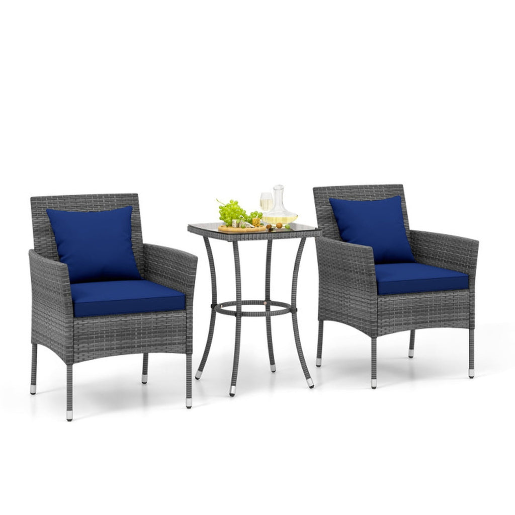 Biotree 3 Pieces Patio Furniture Set with Cushioned Patio Chairs and Tempered Glass Coffee TableNavy