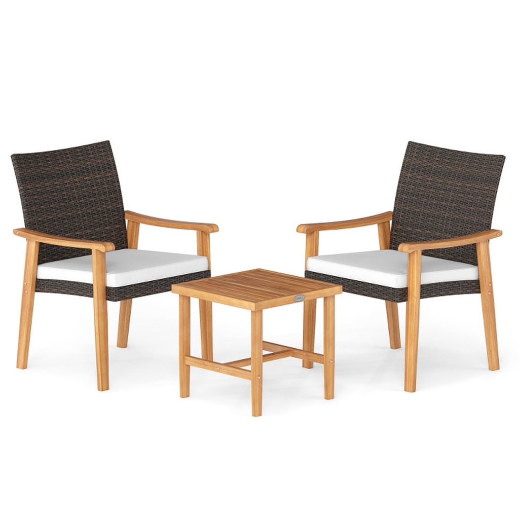 Biotree 3 Pieces Patio PE Wicker Furniture Set Acacia Wood Outdoor Conversation Bistro Set Outdoor Conversation Set for Garden Backyard PorchWhite