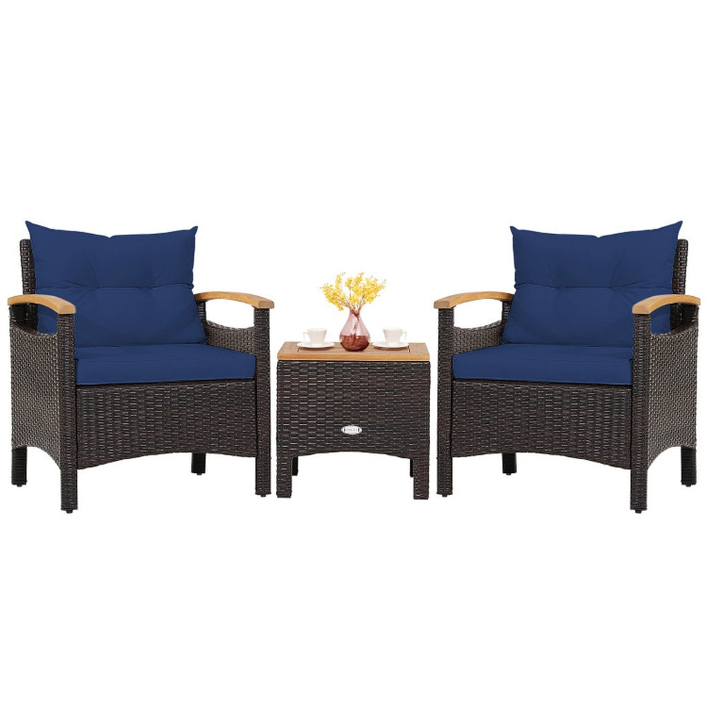 Biotree 3 Pieces Patio Rattan Furniture Set with Removable Cushion Outdoor Conversation Set for Garden Backyard PorchNavy