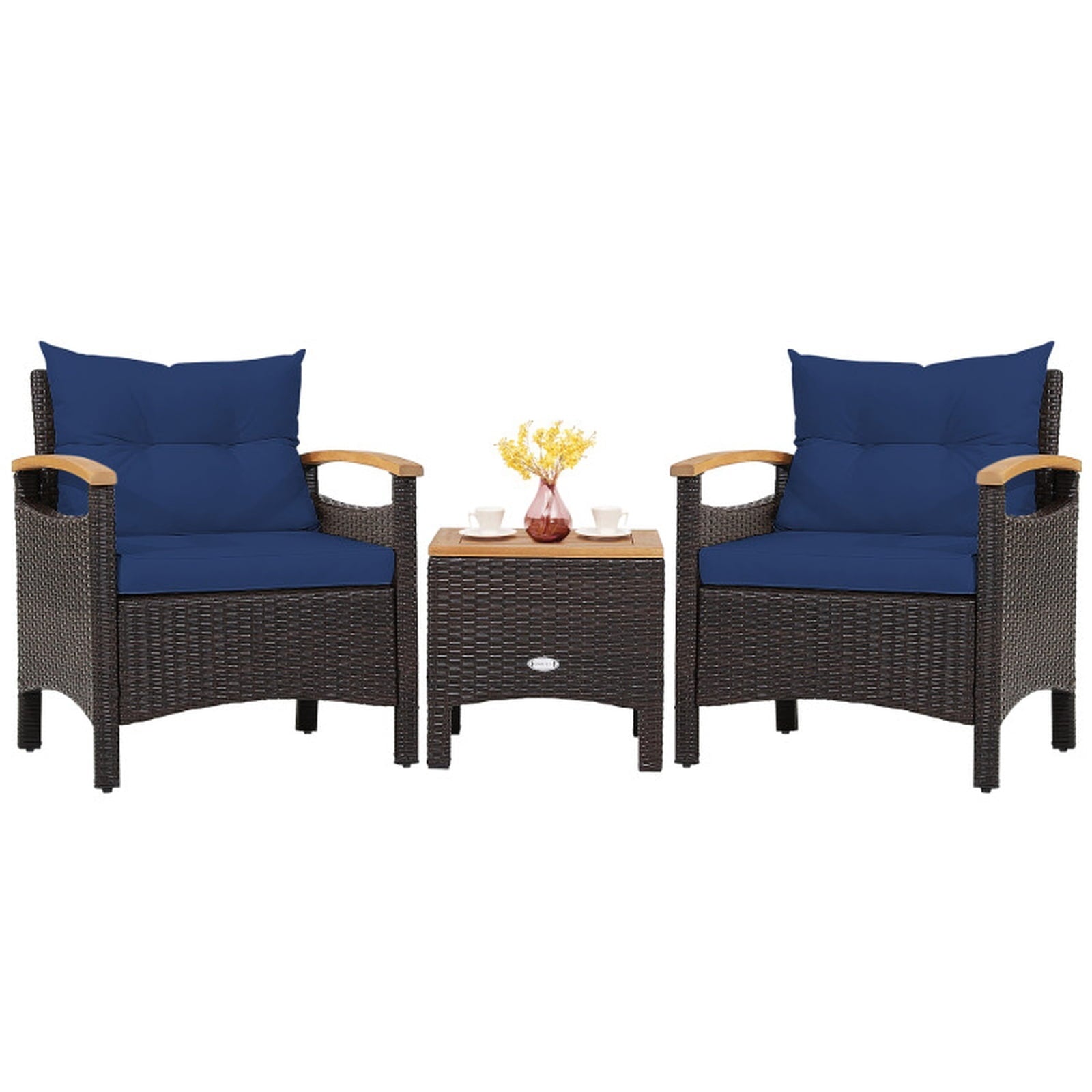 Biotree 3 Pieces Patio Rattan Furniture Set with Removable Cushion Outdoor Conversation Set for Garden Backyard PorchNavy