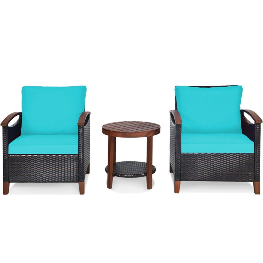 Biotree 3 Pieces Patio Rattan Furniture Set with Washable Cushion and Acacia Wood TabletopTurquoise
