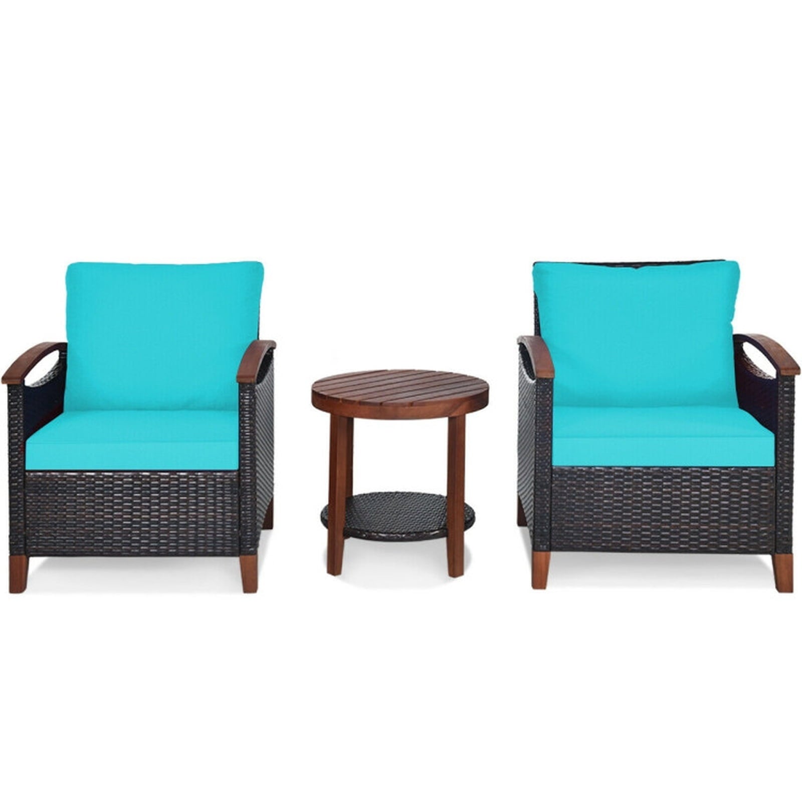 Biotree 3 Pieces Patio Rattan Furniture Set with Washable Cushion and Acacia Wood TabletopTurquoise