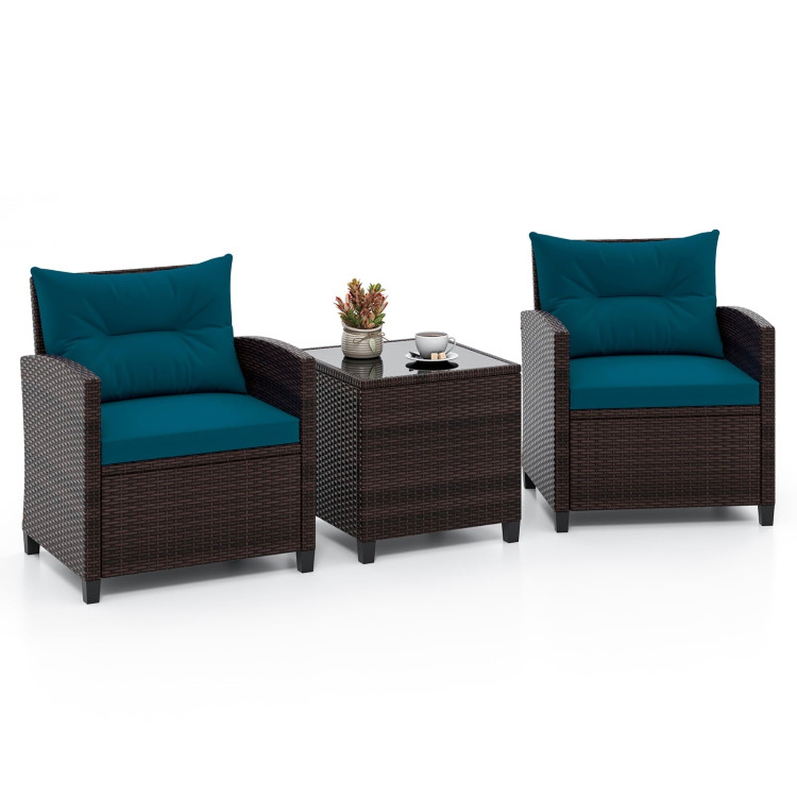 Biotree 3 Pieces Rattan Patio Furniture Set with Washable Cushion Outdoor Conversation Set for Garden Backyard PorchPeacock Blue