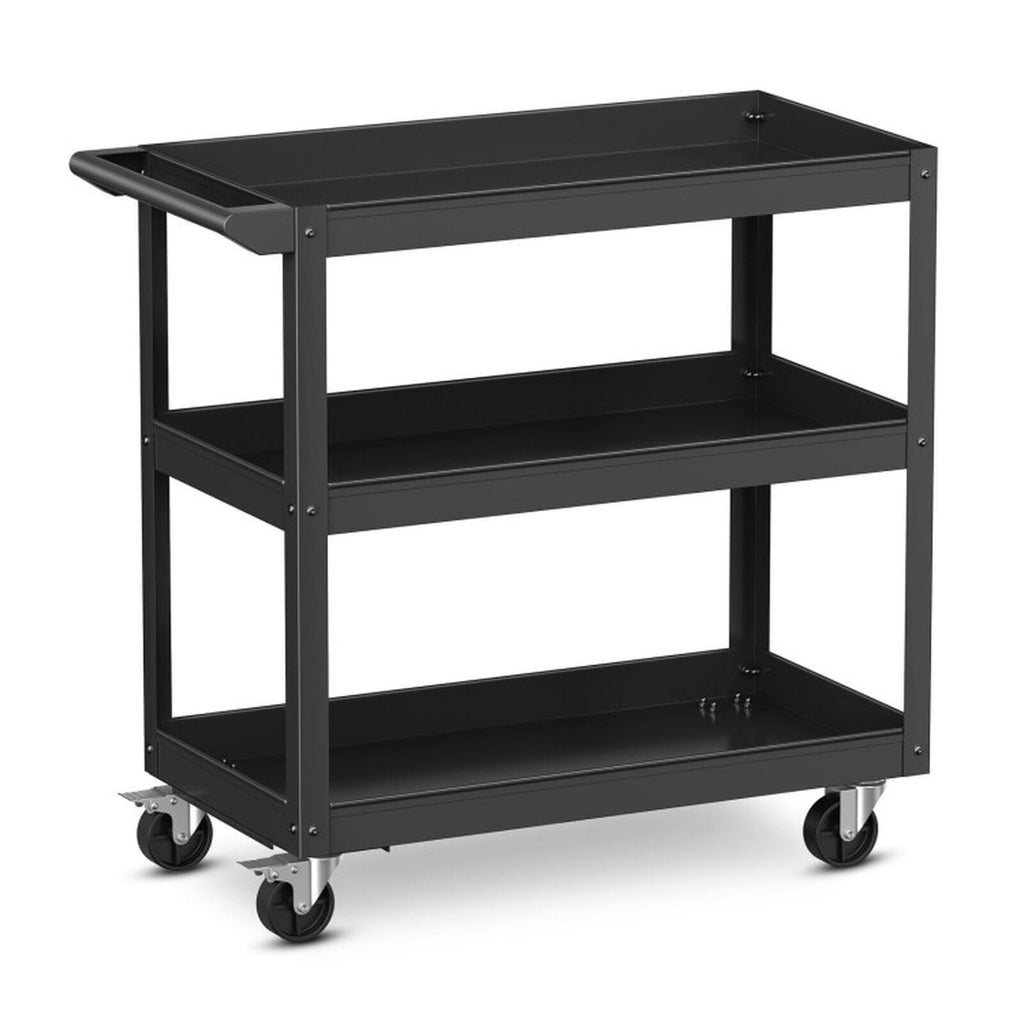 Biotree 3-Tier Metal Utility Cart Tool Trolley Flat Handle 2 Lockable Wheels 400 lbs - Black