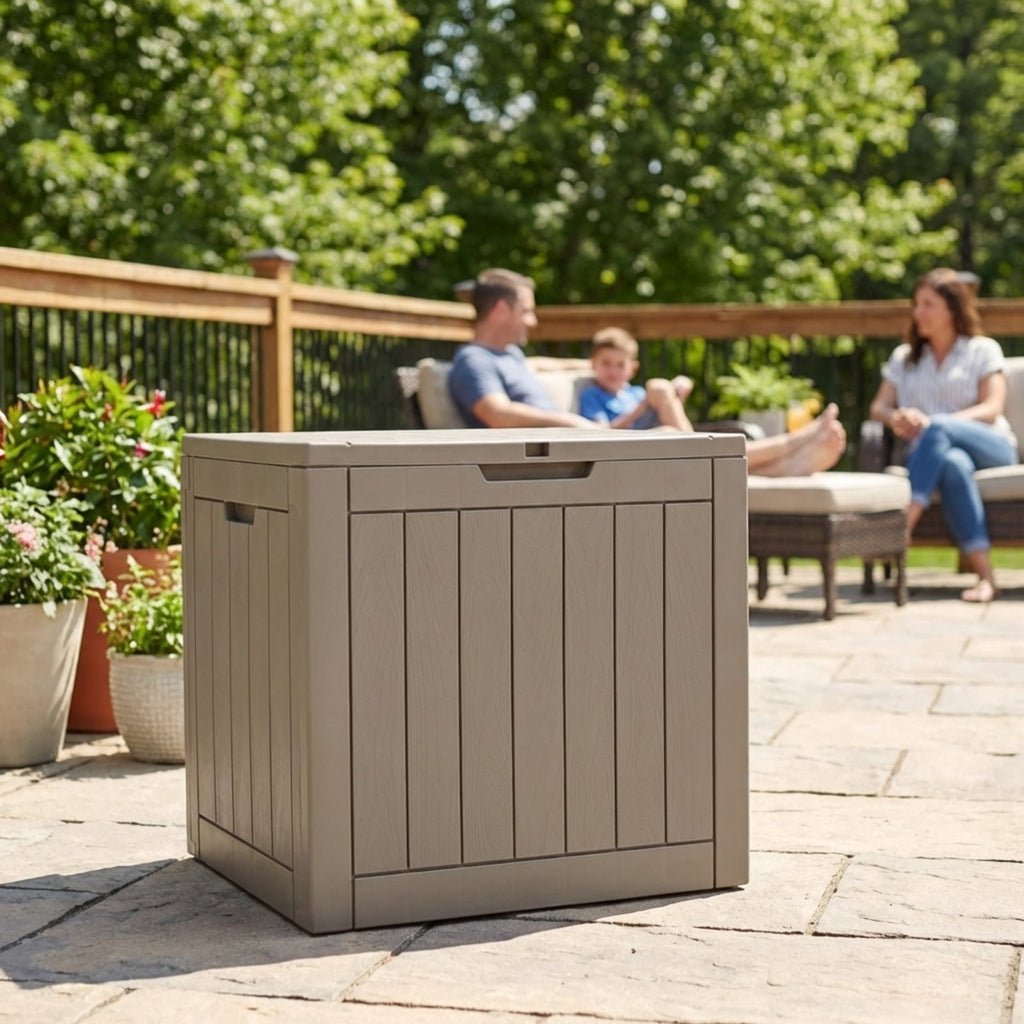 Biotree 30 Gallon Deck Box Storage Container Outdoor Patio Bench with Lid for Seating Tools Pool, Weatherproof PP Storage Box for Garden Backyard Deck Porch, Light Brown