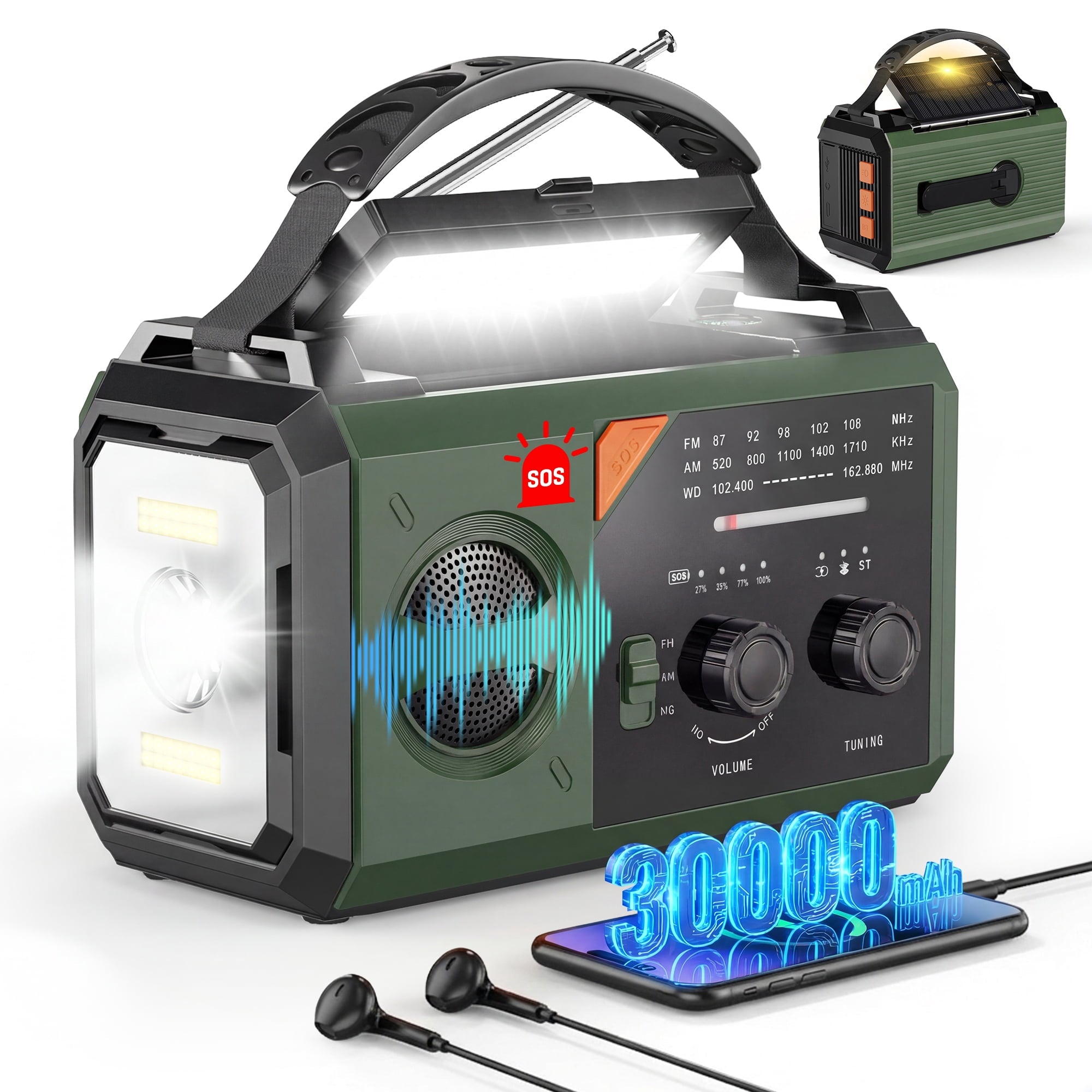 Biotree 30000mAh Weather Radio with NOAA 7-Band Alerts, Upgraded Emergency Radio with USB/Solar/Hand Crank Charging, Flashlight, SOS Alarm, Compass for Camping Hurricane Preparedness,Green