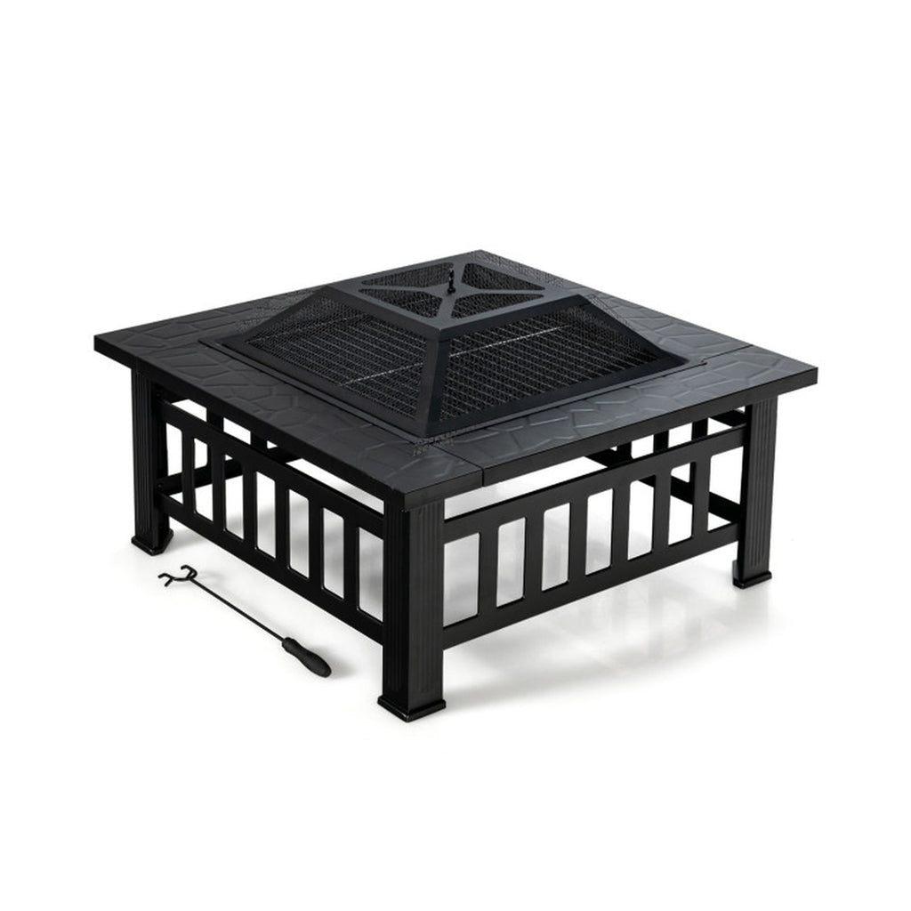 Biotree 32 Inch 3 in 1 Outdoor Square Fire Pit Table with BBQ Grill and Rain Cover for Camping for Outdoor Patio Backyard Garden Camping, Black