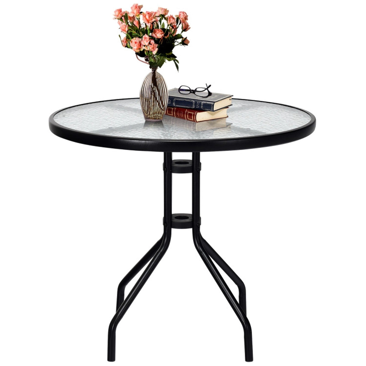 Biotree 32 Inch Round Outdoor Patio Dining Table with Tempered Glass Top and Umbrella Hole for Backyard and Balcony, Black
