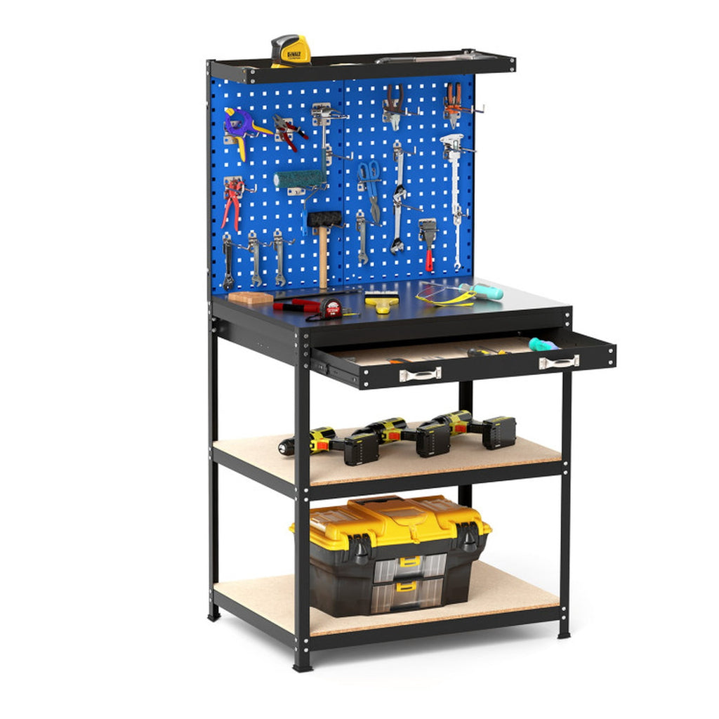Biotree 32 x 16 Inch Workbench with Pegboard 2 Drawers and Shelves 220 lbs - Navy