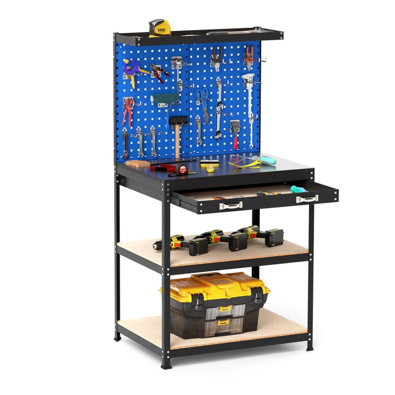 Biotree 32 x 16 Inch Workbench with Pegboard 2 Drawers and Shelves 220 lbs - Navy