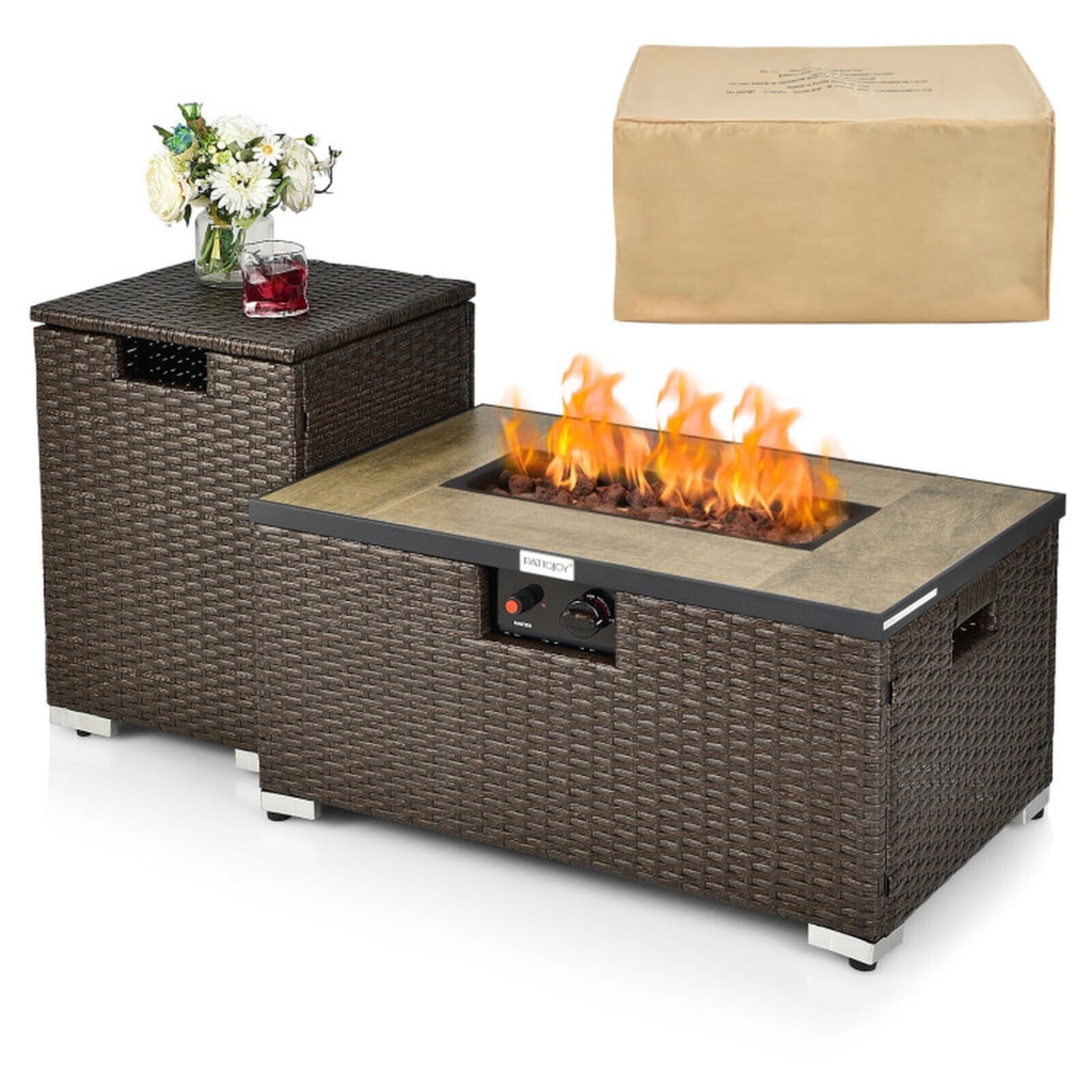 Biotree 32 x 20 Inch Propane Rattan Fire Pit Table Set with Side Table Tank and Cover for Outdoor Patio Backyard Garden Camping, Brown