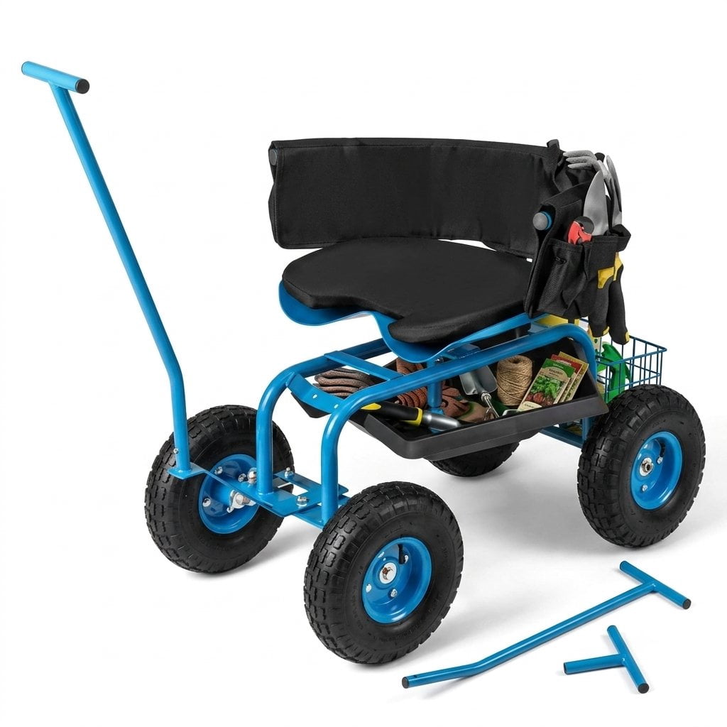 Biotree 330Lbs Rolling Garden Cart with 360¡ã Height Adjustable Swivel Seat, Garden Scooter with Storage Basket, Tool Tray for Weeding Planting Gardening Blue