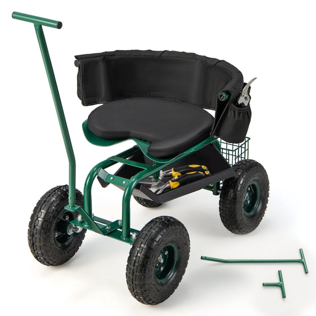 Biotree 330lbs Rolling Garden Cart with 360¡ã Height Adjustable Swivel Seat, Garden Scooter with Storage Basket, Tool Tray for Weeding Planting Gardening Green