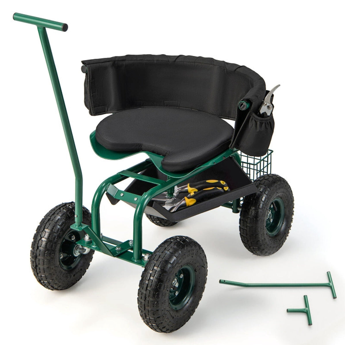 Biotree 330lbs Rolling Garden Cart with 360¡ã Height Adjustable Swivel Seat, Garden Scooter with Storage Basket, Tool Tray for Weeding Planting Gardening Green