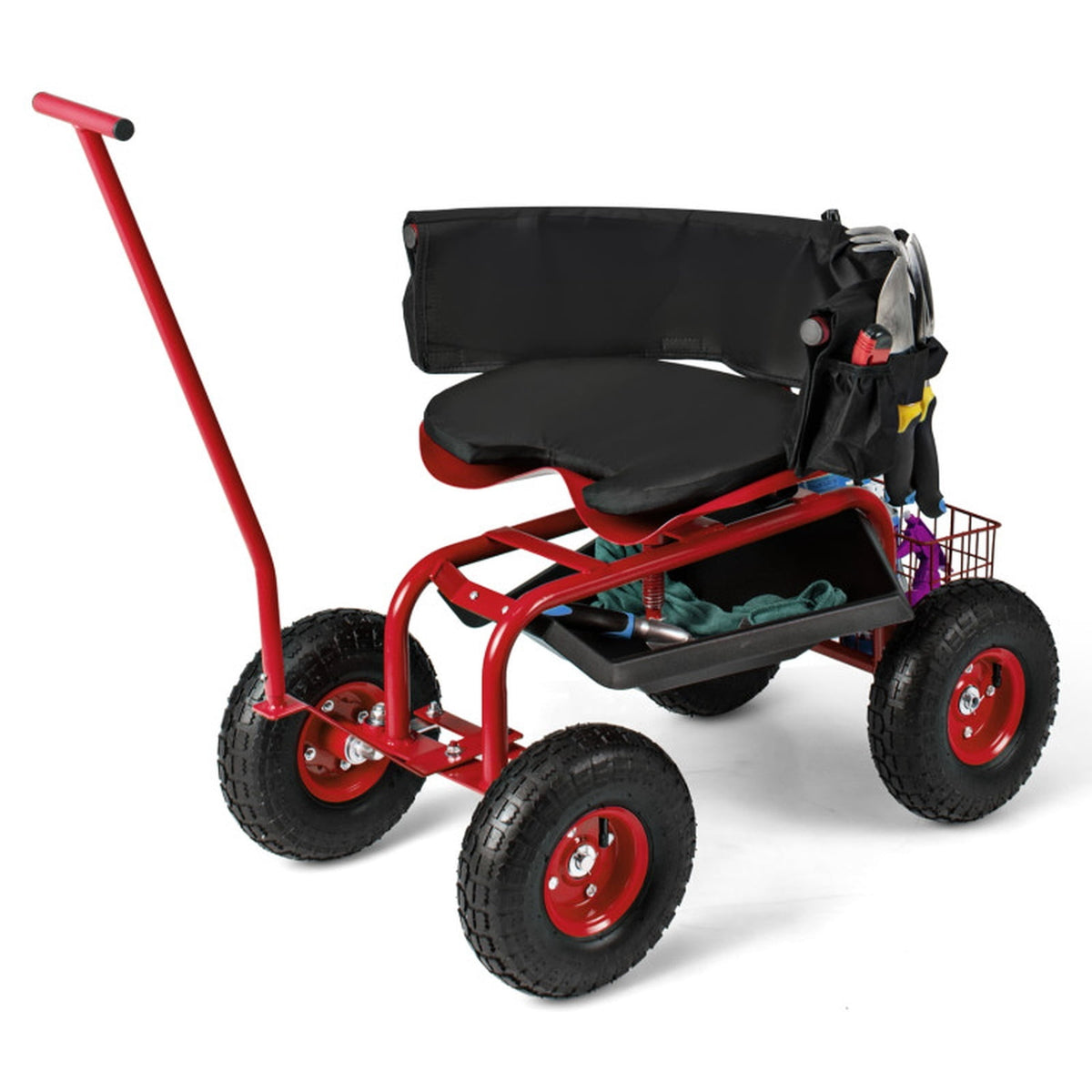 Biotree 330lbs Rolling Garden Cart with Height Adjustable 360¡ãSwivel Seat, Garden Scooter with Storage Basket, Sit Down Garden Cart with Tool Tray for Weeding Planting Gardening Red