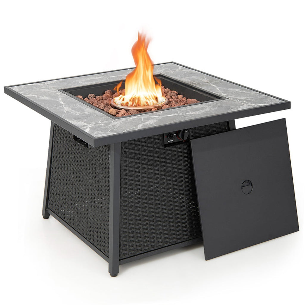 Biotree 35 Inch Propane Gas Fire Pit Table Wicker Rattan with Lava Rocks PVC Cover for Outdoor Patio Backyard Garden Camping, Black