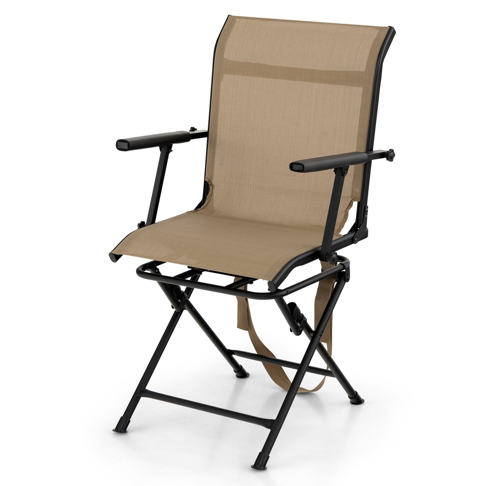 Biotree 360 Degree Swivel Hunting Chair Foldable Outdoor Camp Chair with Armrest and Breathable Mesh Back for Camping Fishing, Brown
