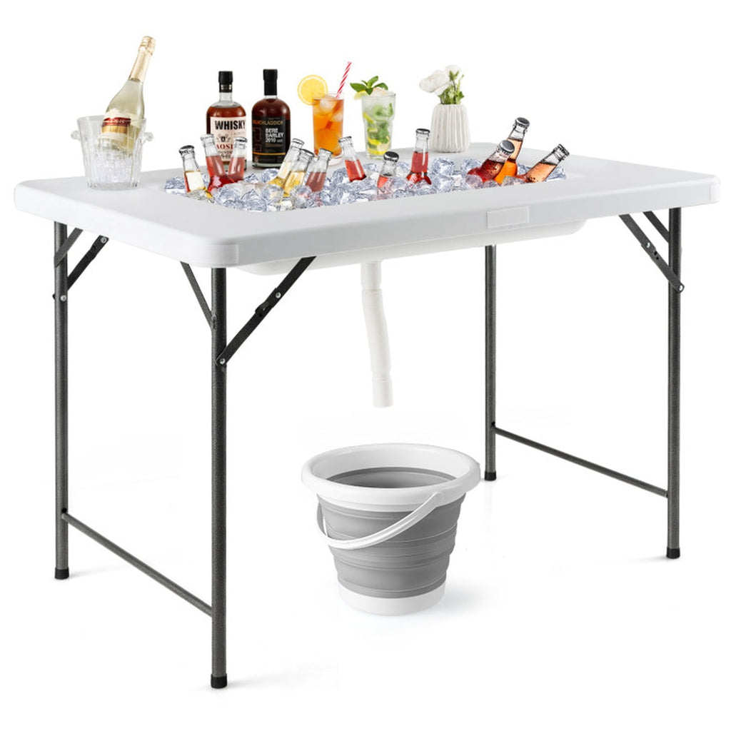 Biotree 4 Feet Folding Ice Bin Table with Skirt for Camping Picnic Wedding with Ice Bucket, White